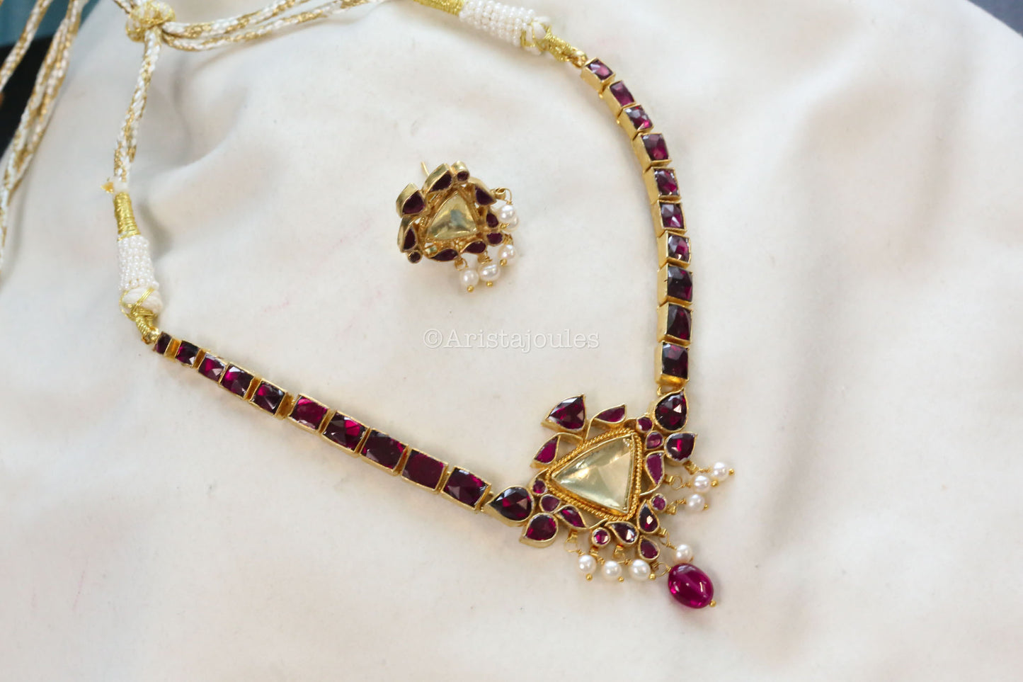 Suvarna Real Rhodiolite, Fresh Water Pearls & Yellow Polki Kundan Set