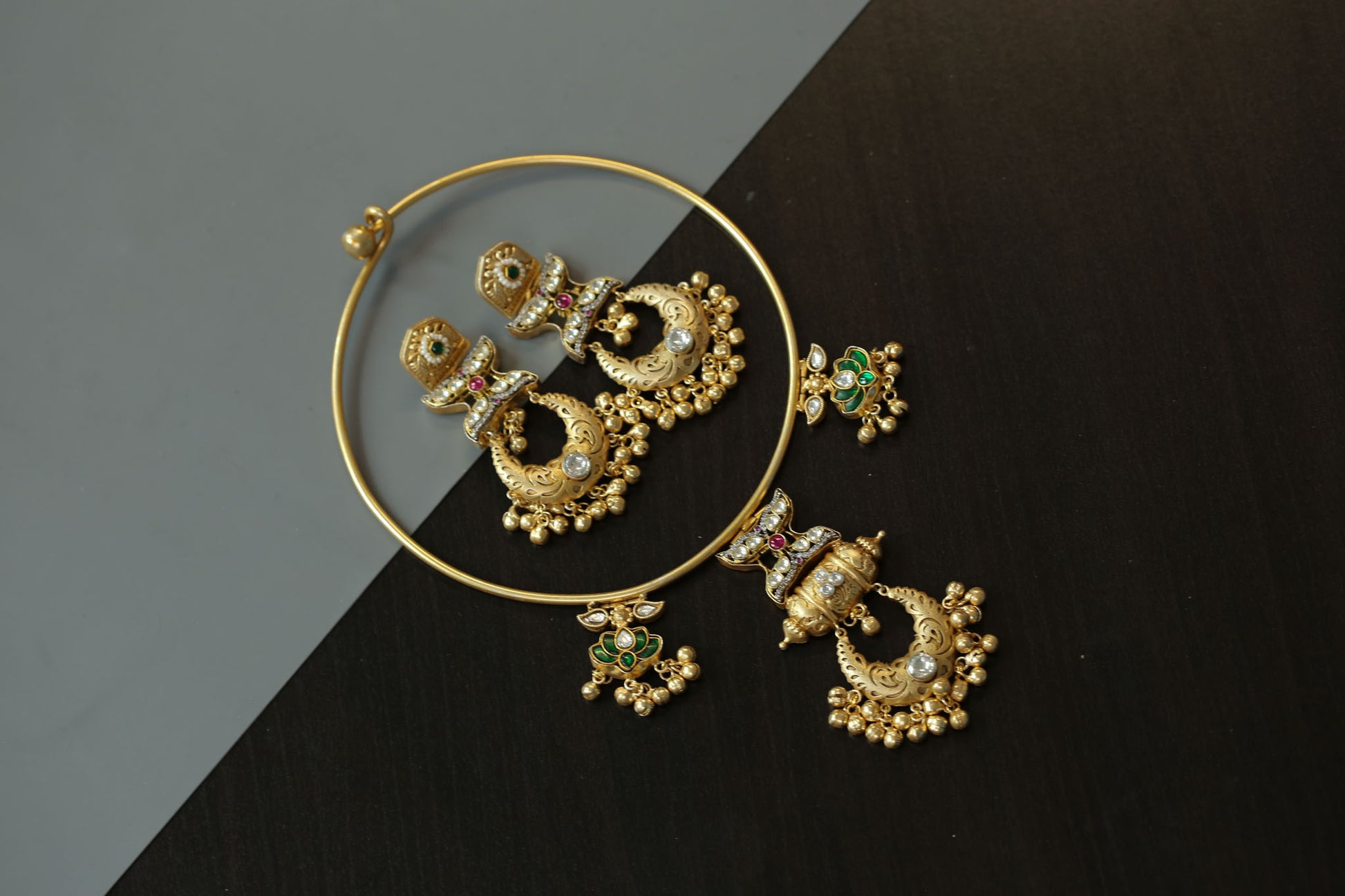 Matt Gold Fusion Kundan Hasli Set - Green