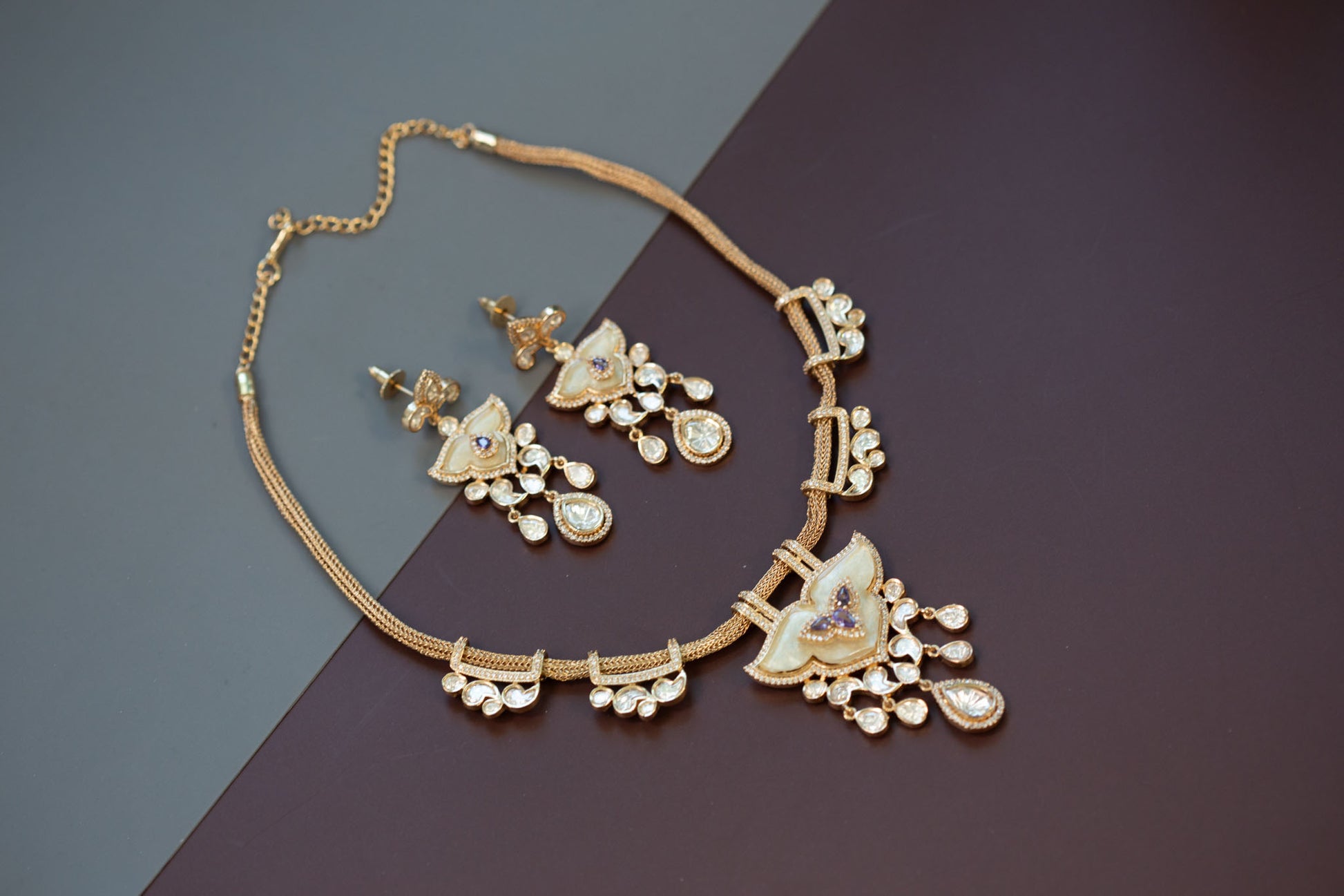 Kundan Polki CZ & MOP Necklace Set - Purple