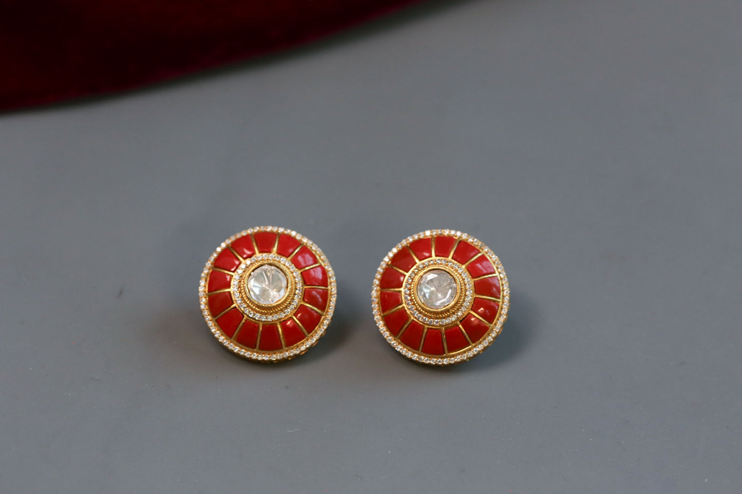 Coral & Moissanite Polki Studs