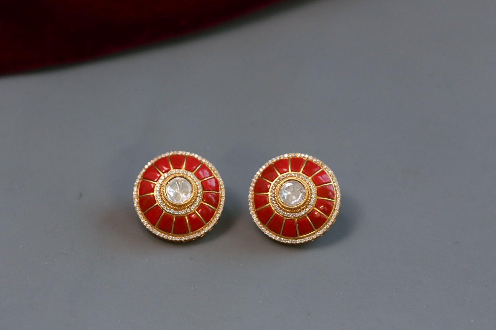 Coral & Moissanite Polki Studs