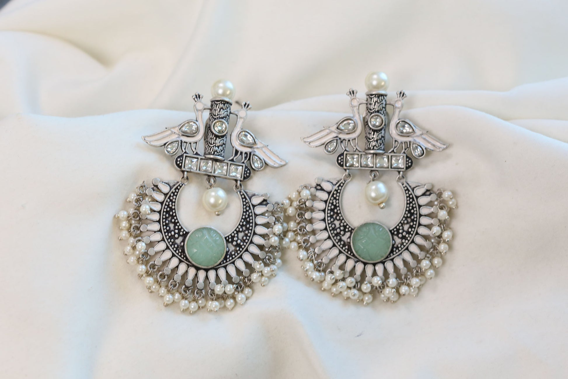 Peacock Kundan Enamel Chandbaali - Silver Finish