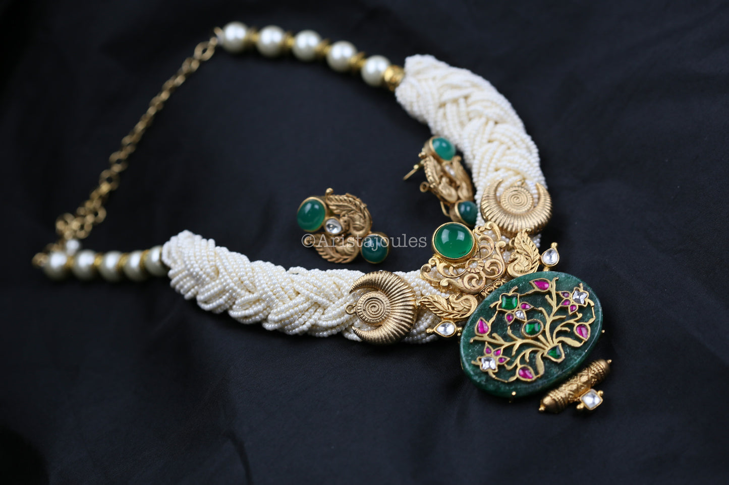 Eshayra Designer Real Green Onyx Inlay Kundan Set