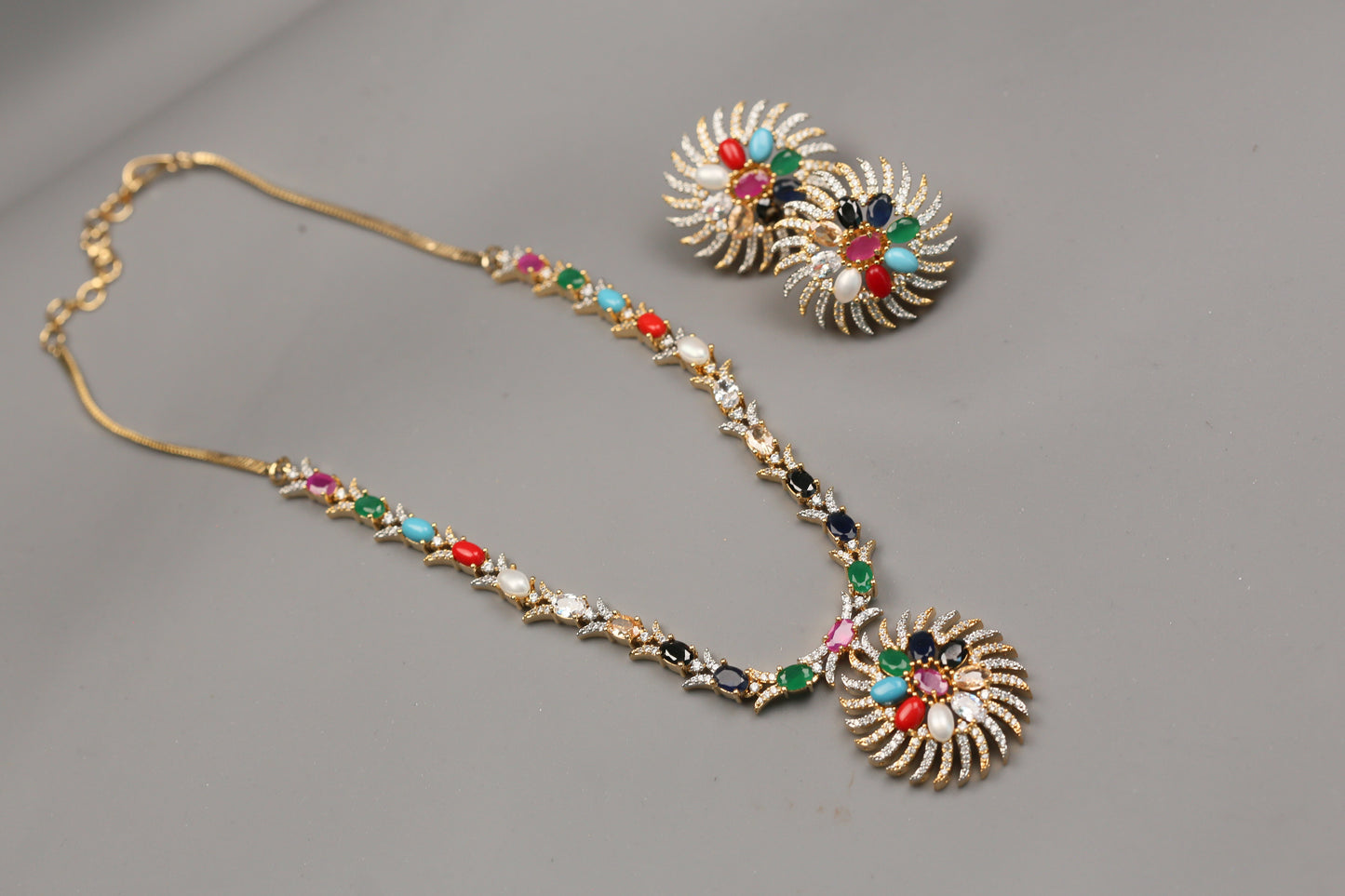 Navratan Dainty CZ  Necklace Set
