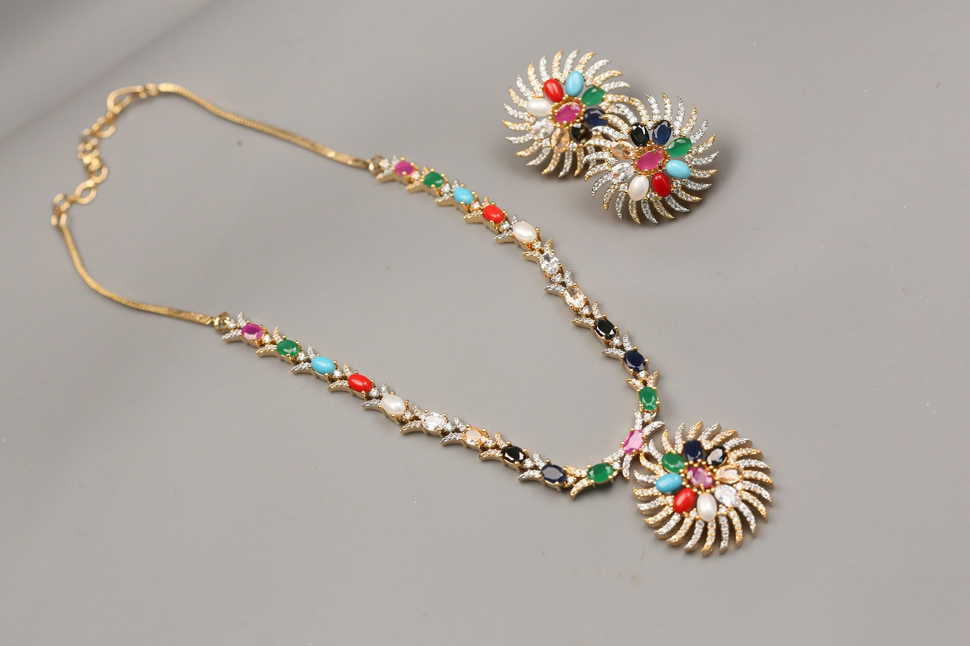 Navratan Dainty CZ  Necklace Set