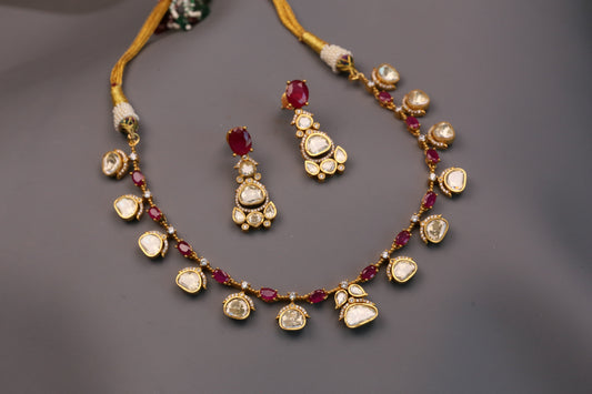 Meera Dainty Real Moissanite Necklace Set - Red