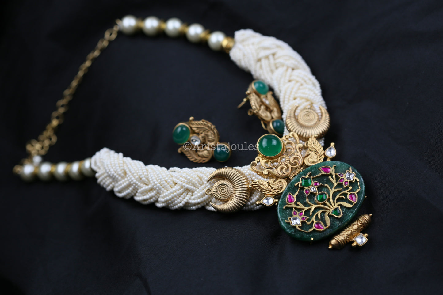Eshayra Designer Real Green Onyx Inlay Kundan Set