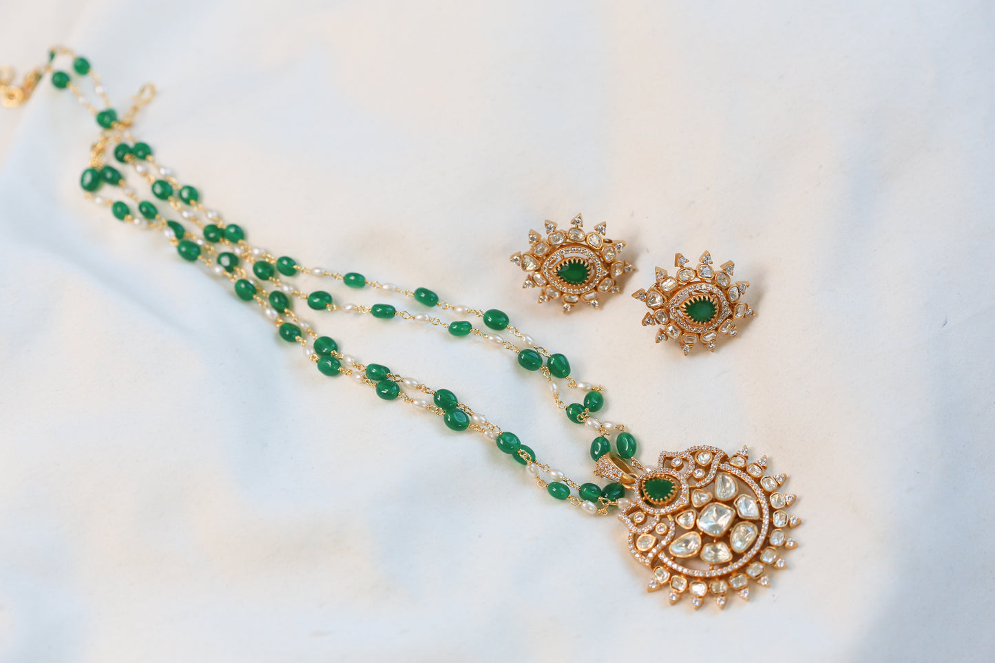Aanvi Real Moissanite Pendant Set - Green Mala