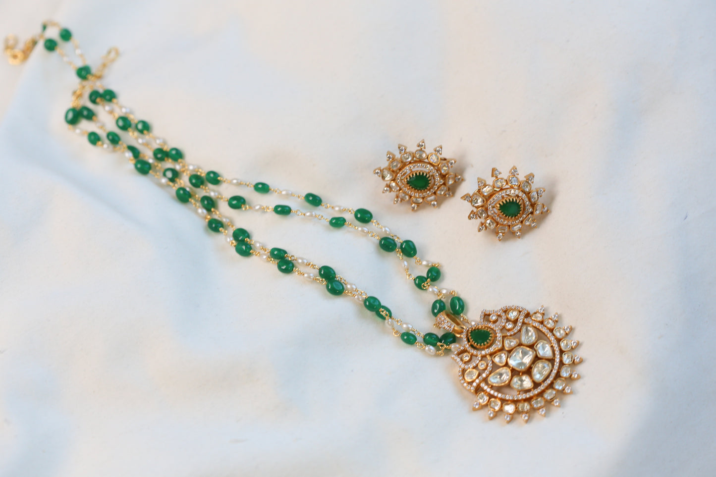 Aanvi Real Moissanite Pendant Set - Green Mala