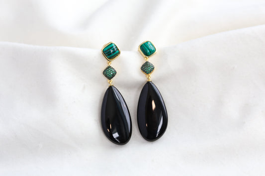 Meera Semiprecious CZ, Malachite & Black Onyx Earrings