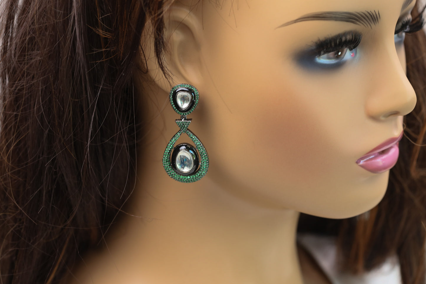 Ellie Pave Setting CZ & Kundan Polki Earrings - Green