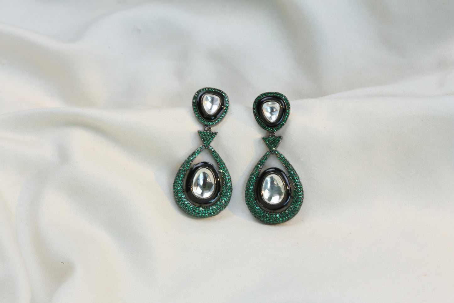 Ellie Pave Setting CZ & Kundan Polki Earrings - Green