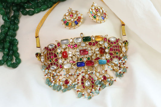 Semiprecious Navratna Kundan Choker Set - Apatite drops