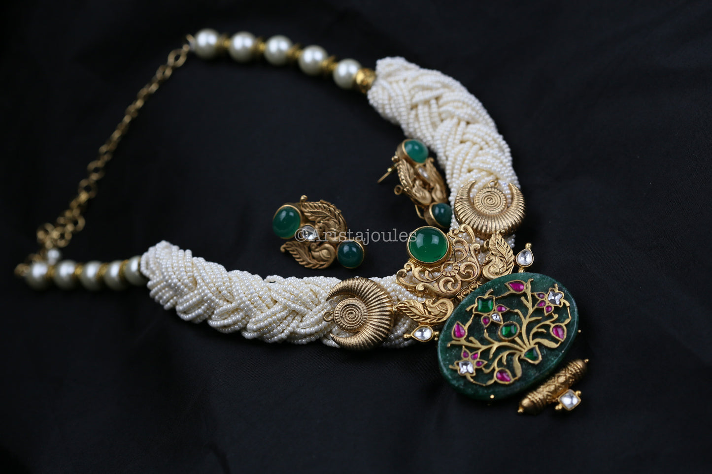 Eshayra Designer Real Green Onyx Inlay Kundan Set