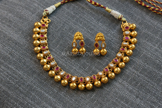 Rohini Antique Gold Kundan Necklace Set - Ruby Clear