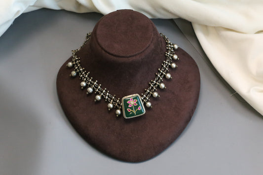 Inlay Kundan Oxidized Necklace - Green 1