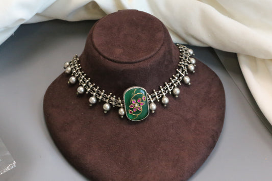 Inlay Kundan Oxidized Necklace - Green 2
