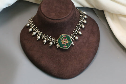 Inlay Kundan Oxidized Necklace - Green 3