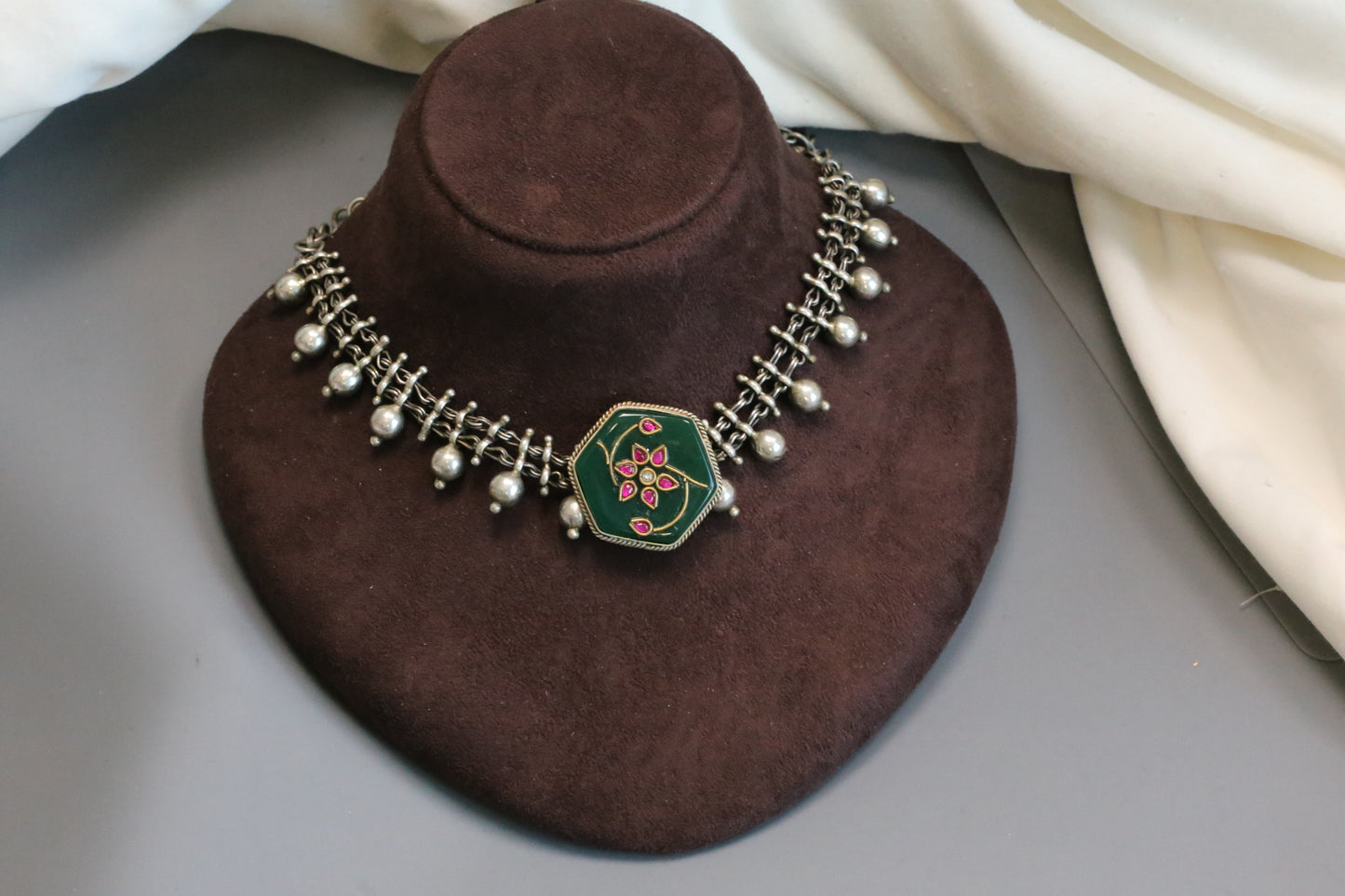 Inlay Kundan Oxidized Necklace - Green 3