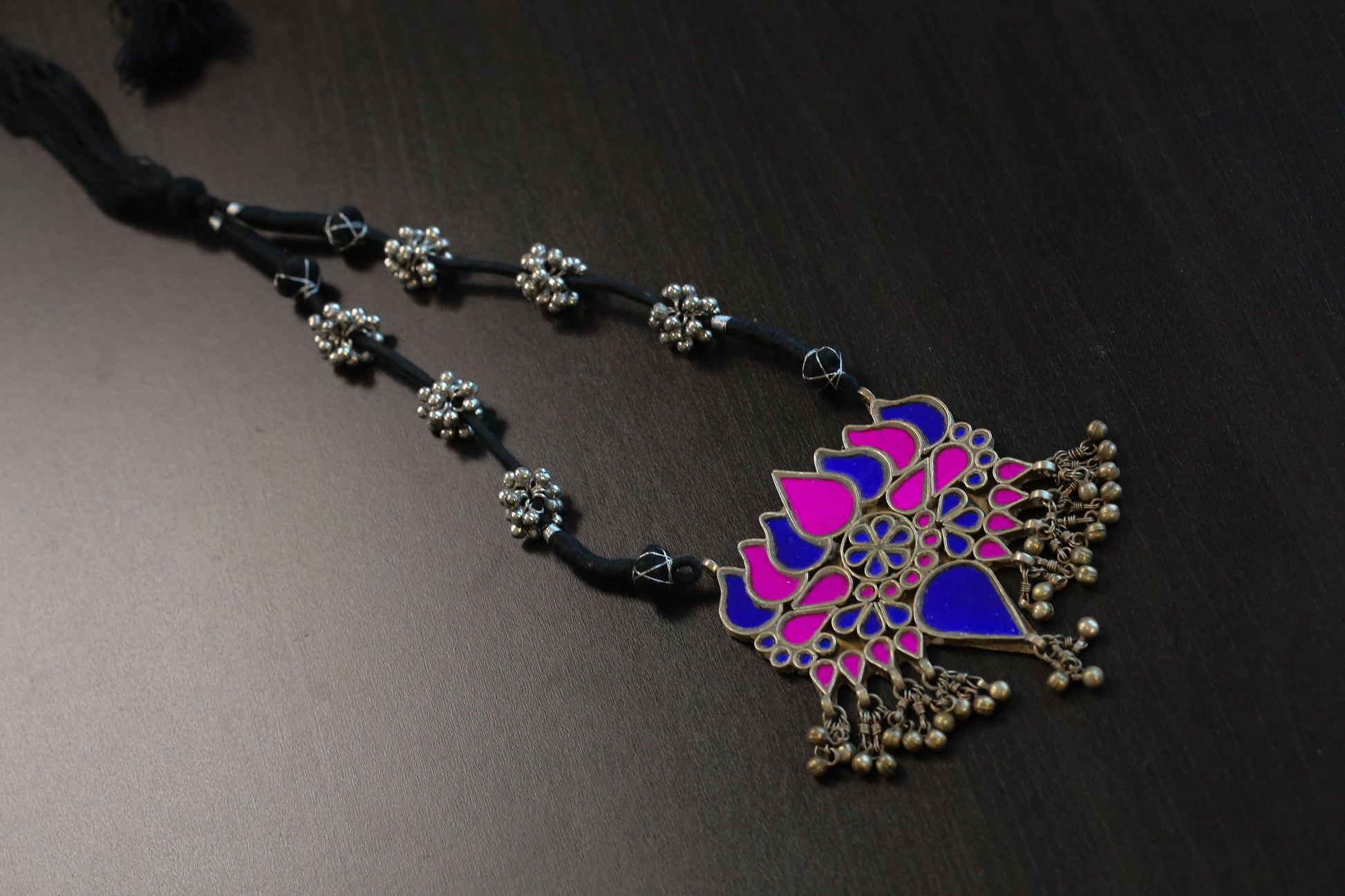 Real Glass Oxidized Lotus Necklace   - Hot Pink Blue (T103-10)