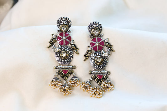 Shyama Dual Tone Jadau  Jhumka- Red