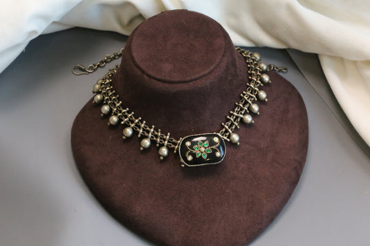 Inlay Kundan Oxidized Necklace -Black