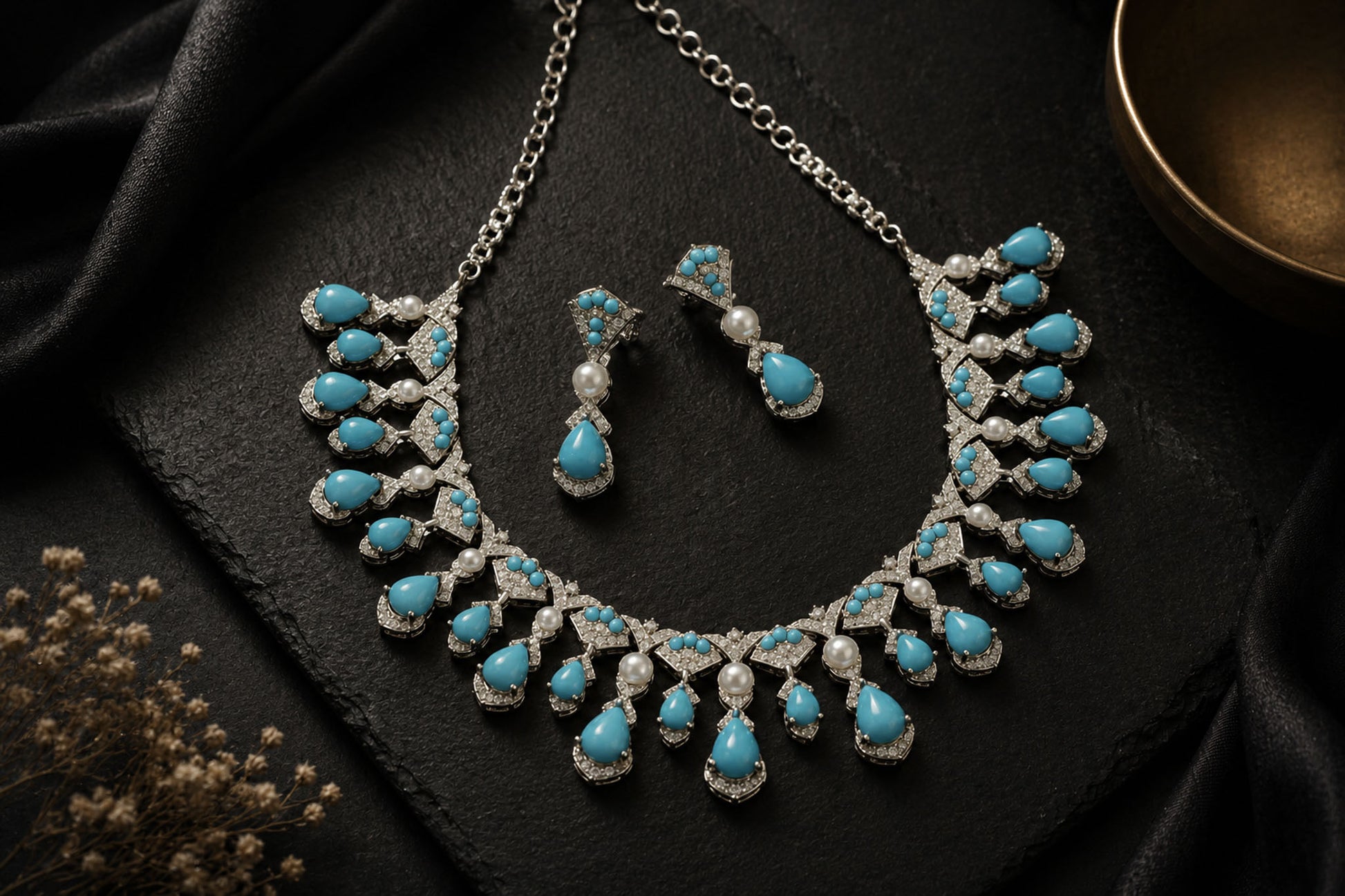Dia Turquoise Stones, Pearls  & CZ Necklace Set