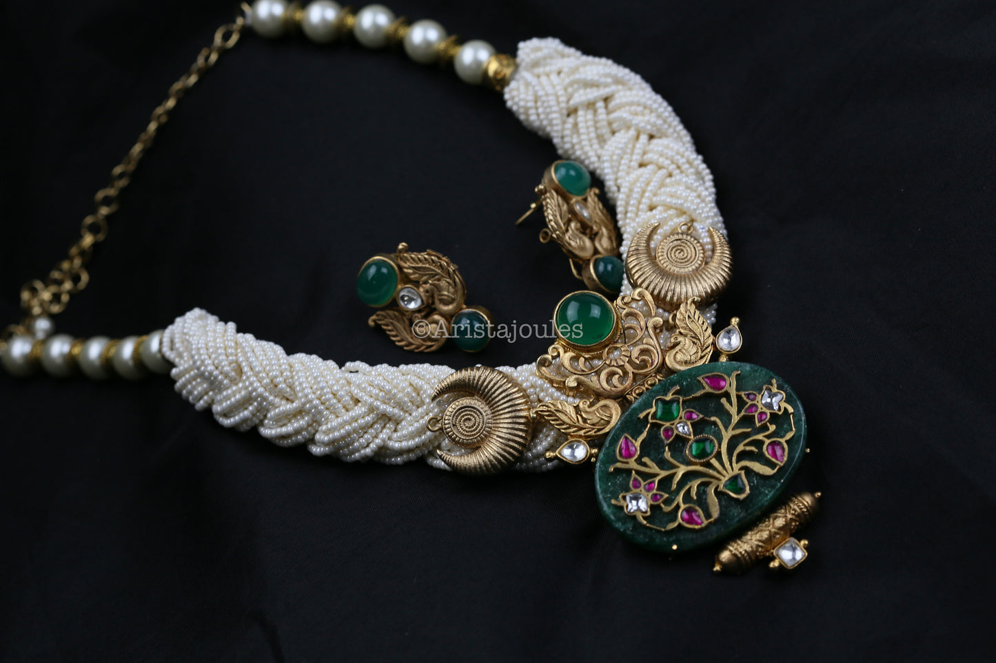 Eshayra Designer Real Green Onyx Inlay Kundan Set