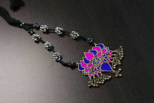 Real Glass Oxidized Lotus Necklace   - Hot Pink Blue (T103-10)