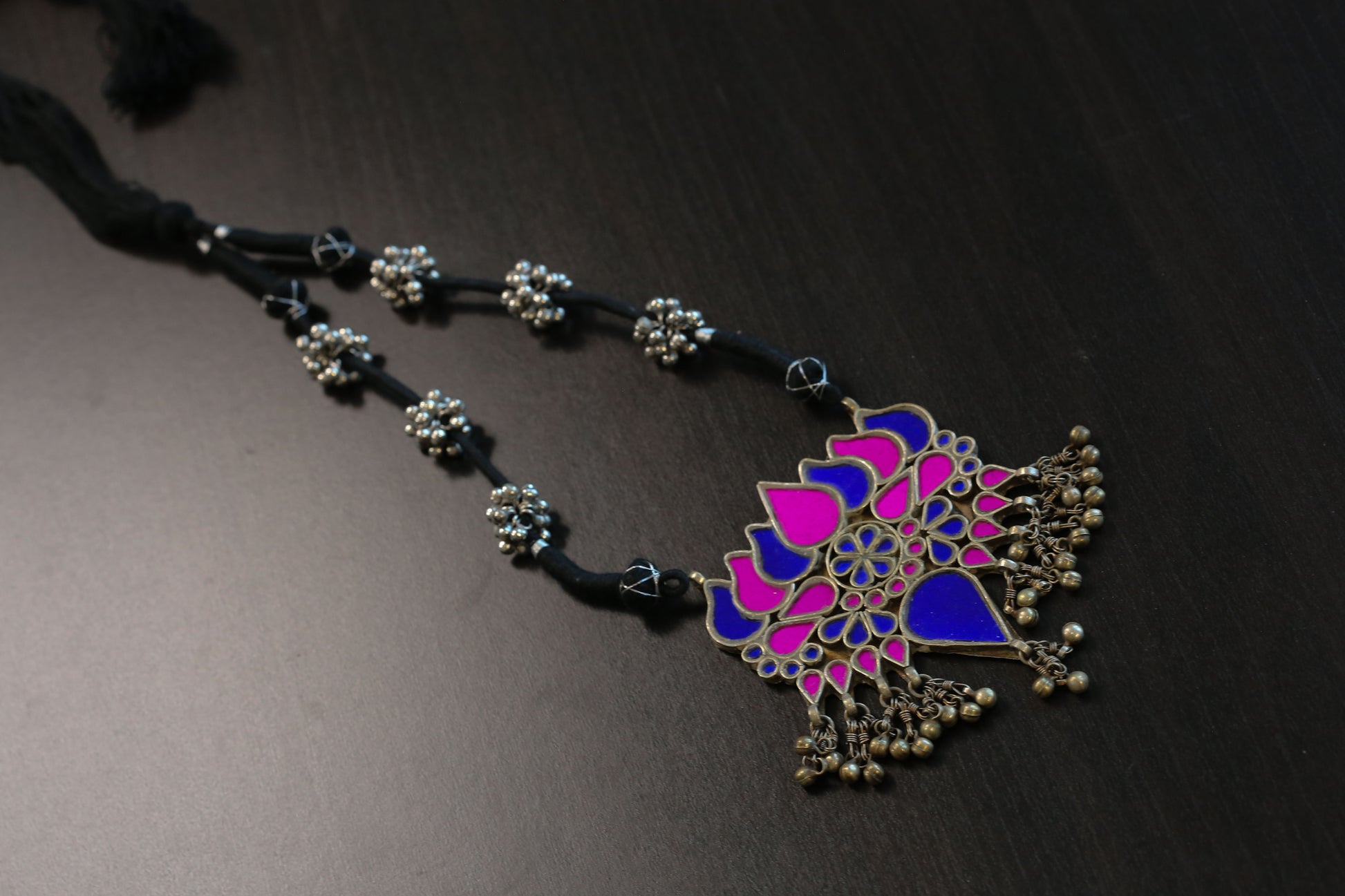 Real Glass Oxidized Lotus Necklace   - Hot Pink Blue (T103-10)