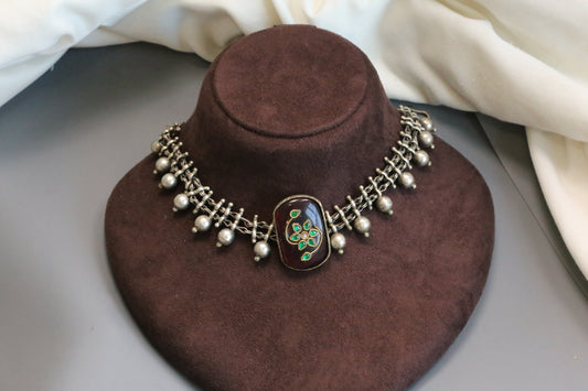 Inlay Kundan Oxidized Necklace - Red