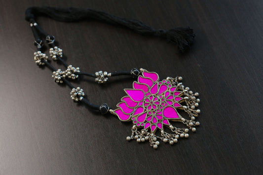 Real Glass Oxidized Lotus Necklace   -Hot Pink (T103-12)