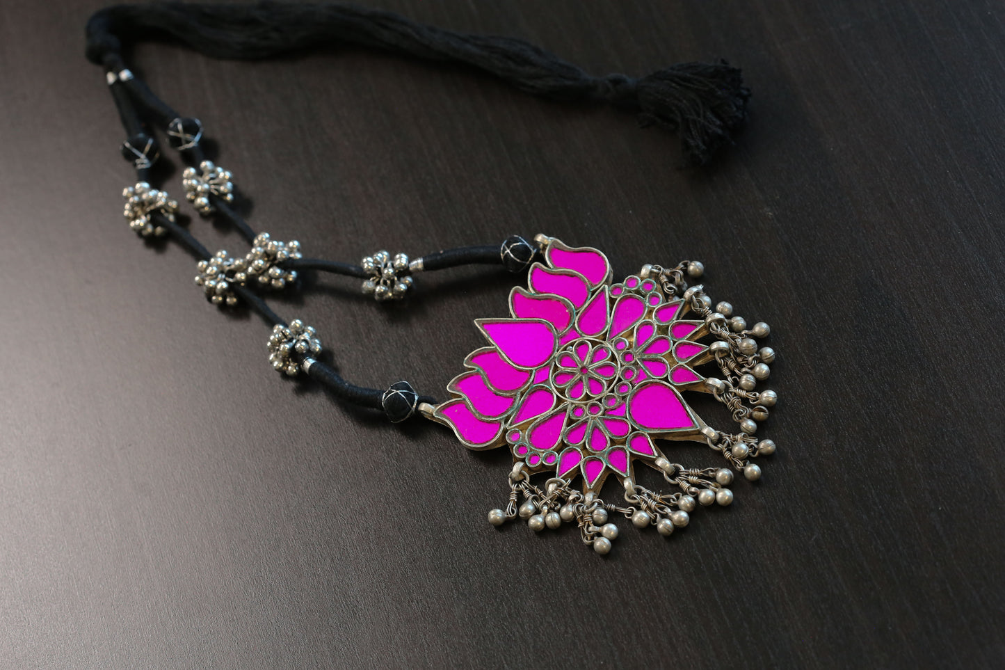 Real Glass Oxidized Lotus Necklace   -Hot Pink (T103-12)