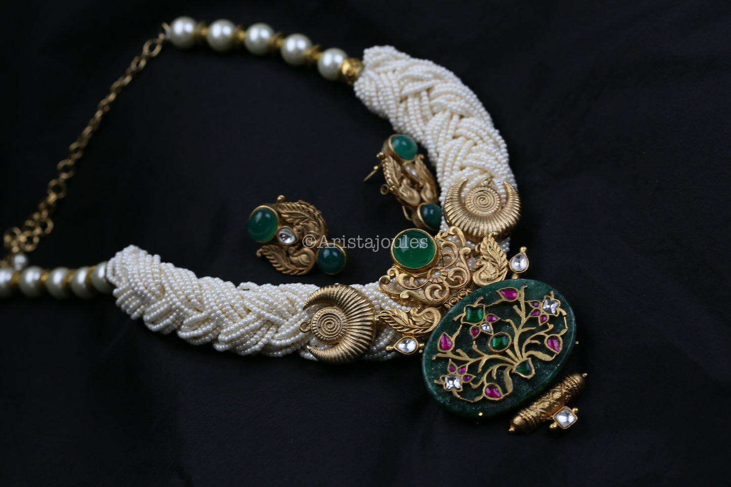 Eshayra Designer Real Green Onyx Inlay Kundan Set