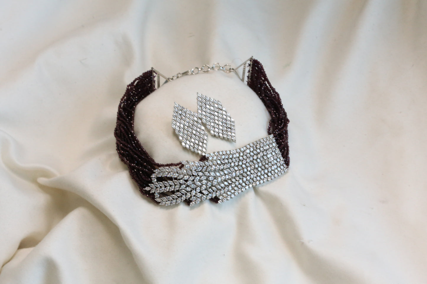 Wine Color Crystal Beaded CZ Choker Set