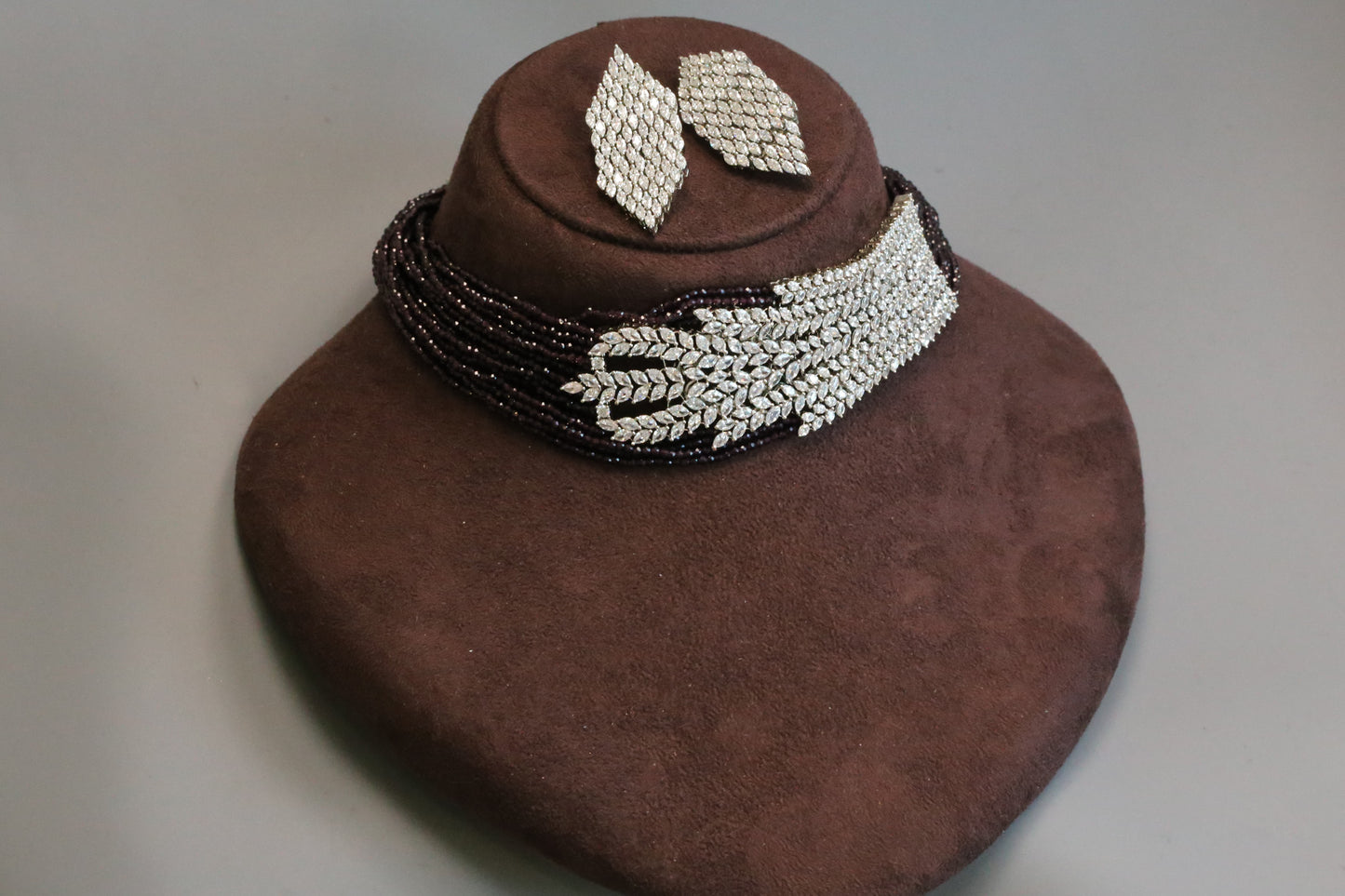 Wine Color Crystal Beaded CZ Choker Set