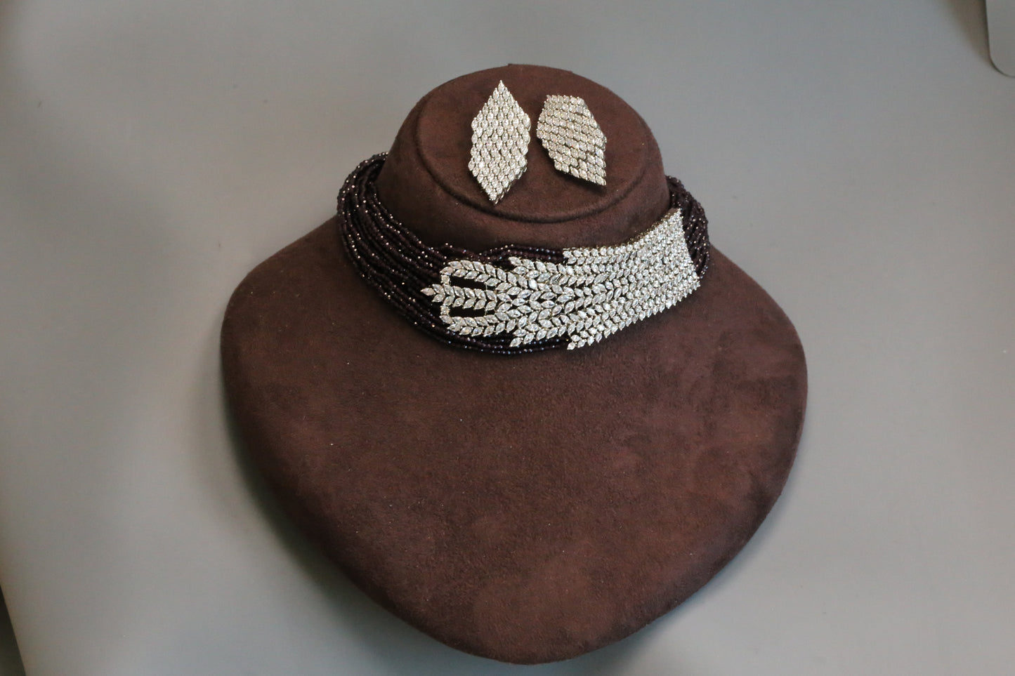 Wine Color Crystal Beaded CZ Choker Set