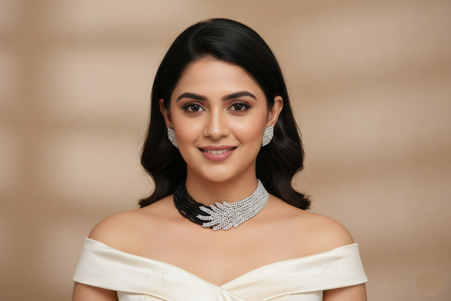 Black Color Crystal Beaded CZ Choker Set