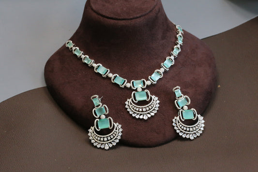 Ridhi Chandbaali CZ Necklace Set - Mint