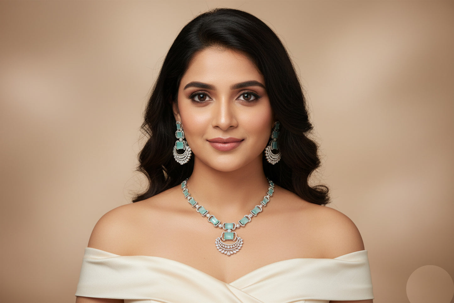 Ridhi Chandbaali CZ Necklace Set - Mint