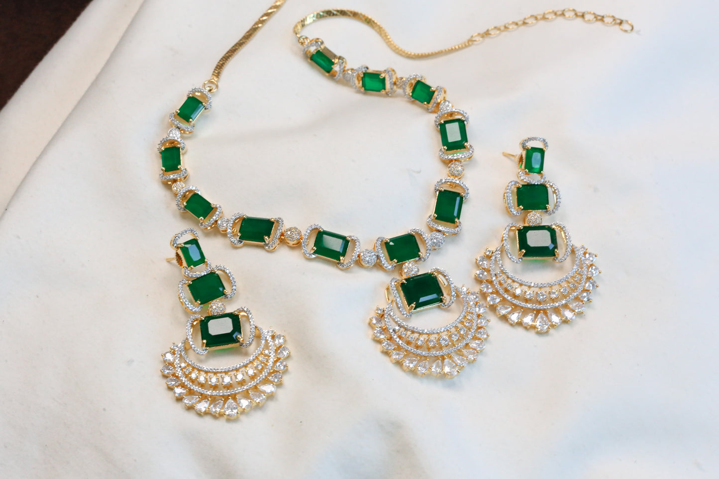 Ridhi Chandbaali CZ Necklace Set -Green