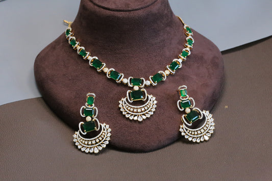 Ridhi Chandbaali CZ Necklace Set -Green
