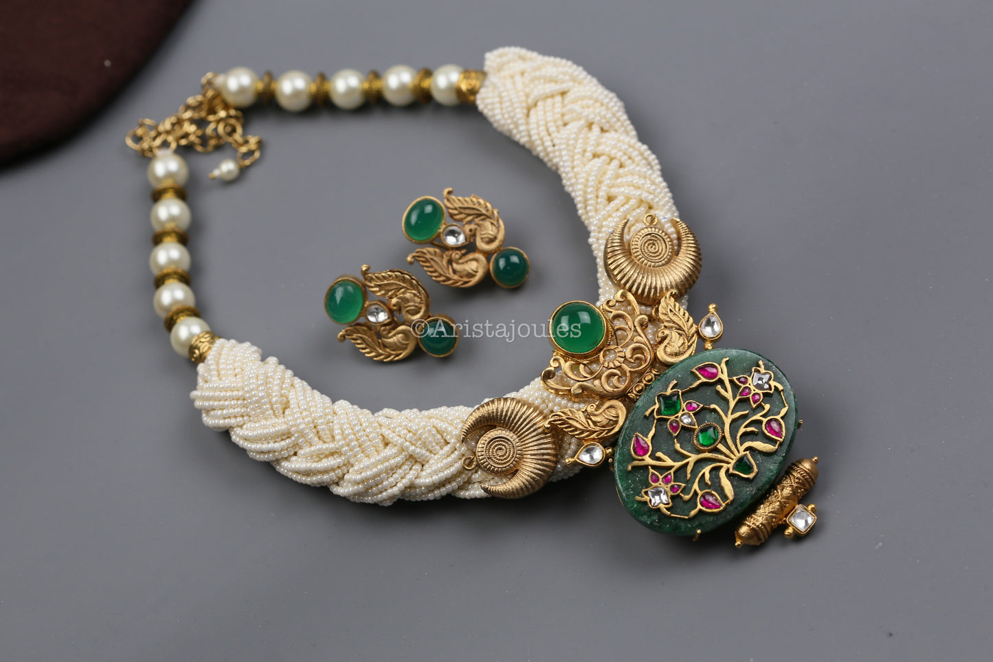 Eshayra Designer Real Green Onyx Inlay Kundan Set