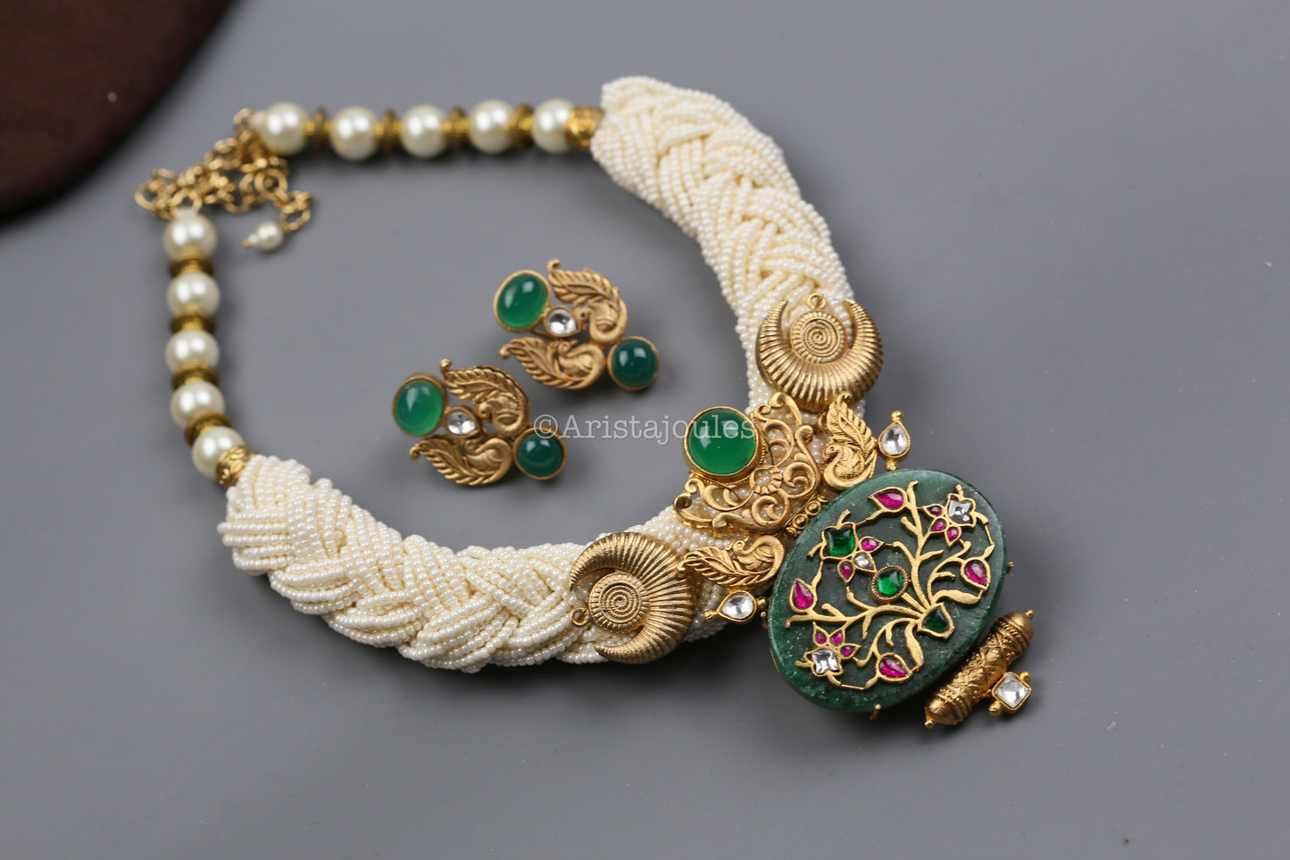 Eshayra Designer Real Green Onyx Inlay Kundan Set