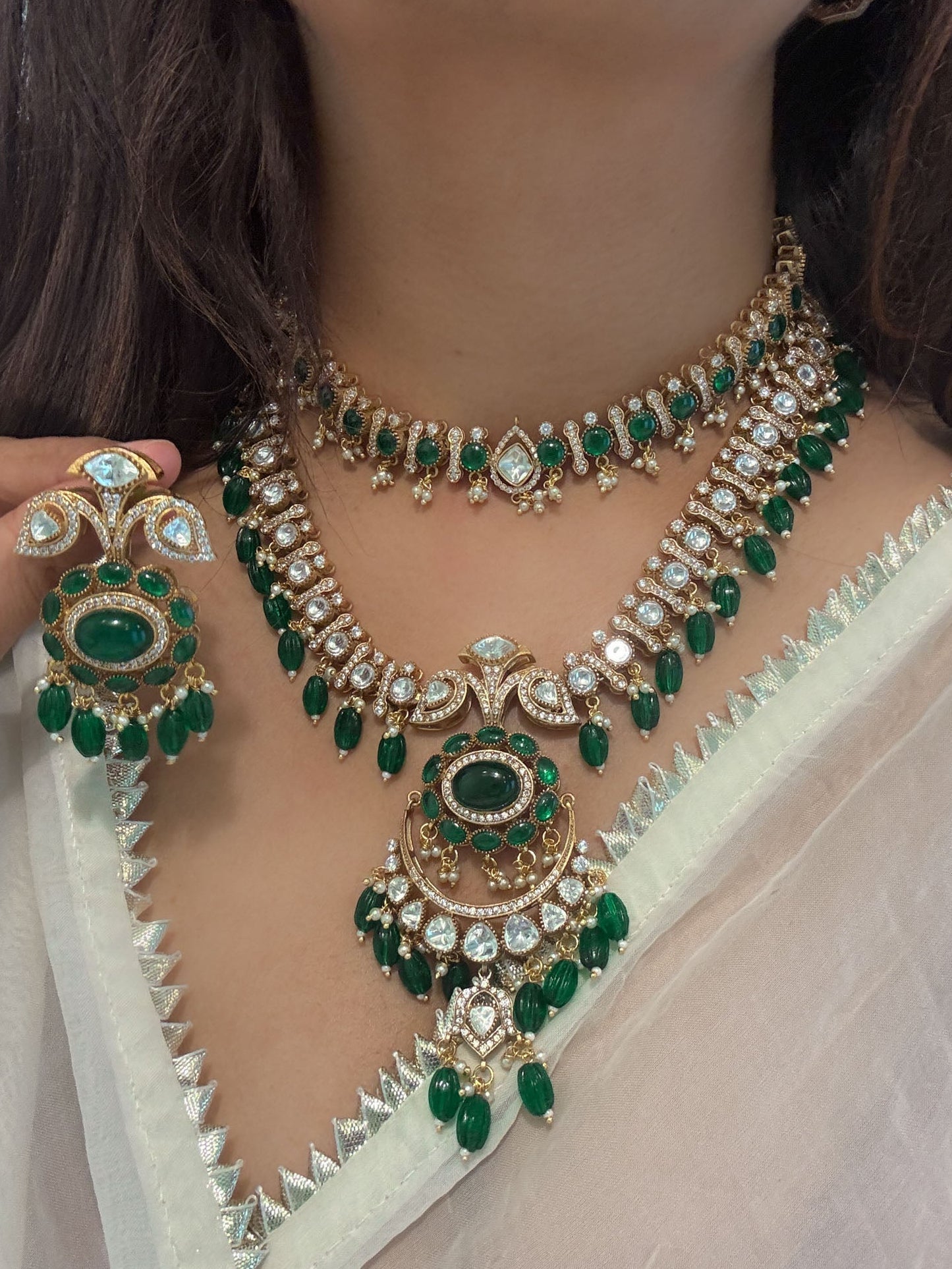 Polki Kundan & Green Pota Doublet Necklace Set