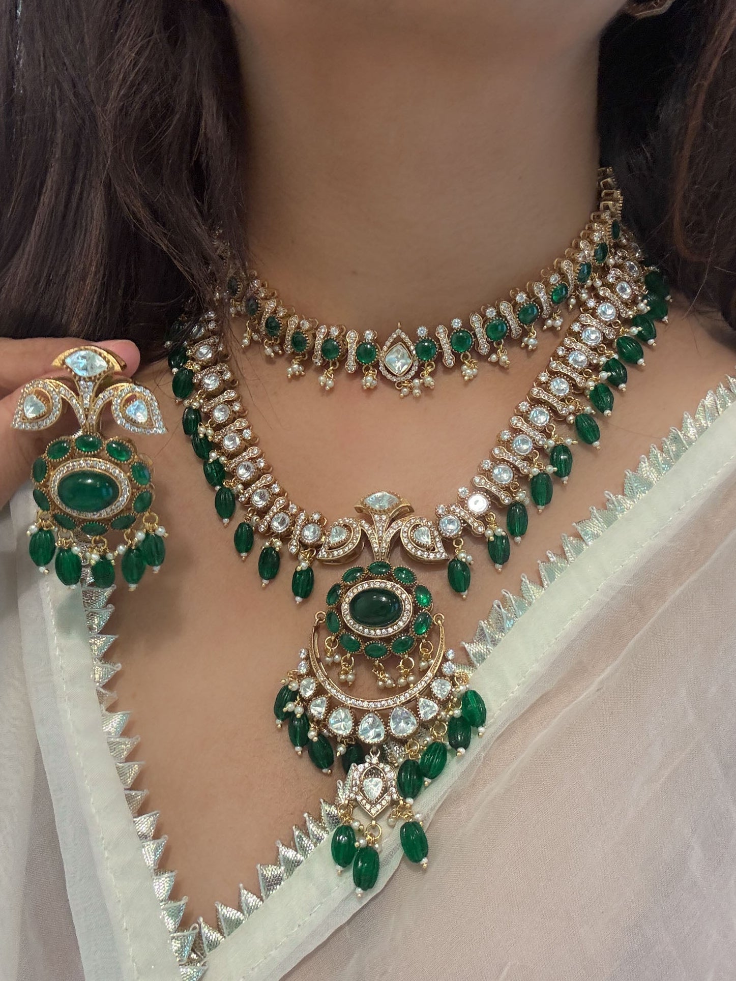 Polki Kundan & Green Pota Doublet Necklace Set