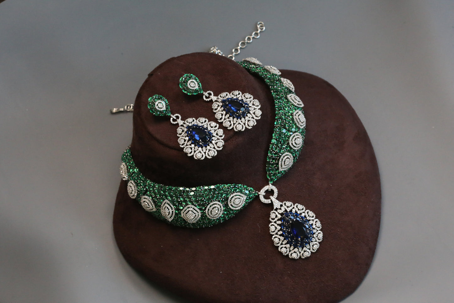 Mahira Premium CZ Doublet Necklace Set - Green Blue