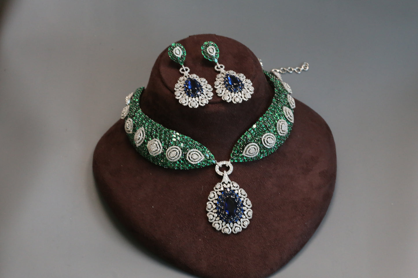 Mahira Premium CZ Doublet Necklace Set - Green Blue