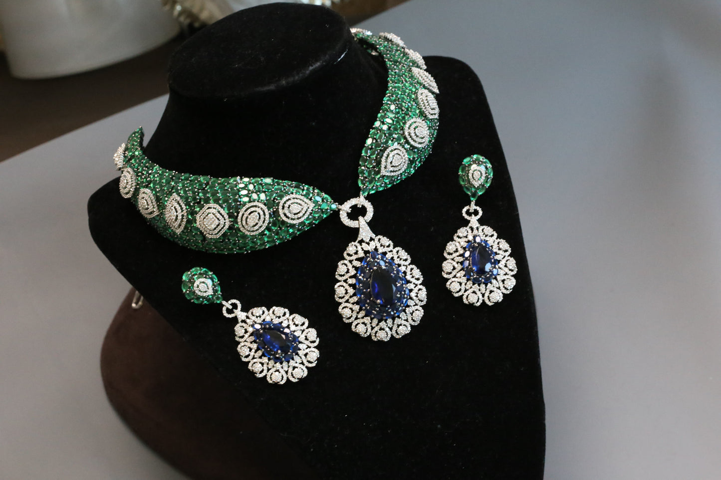 Mahira Premium CZ Doublet Necklace Set - Green Blue