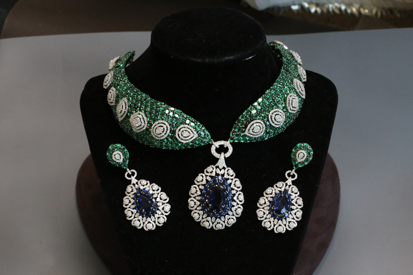 Mahira Premium CZ Doublet Necklace Set - Green Blue